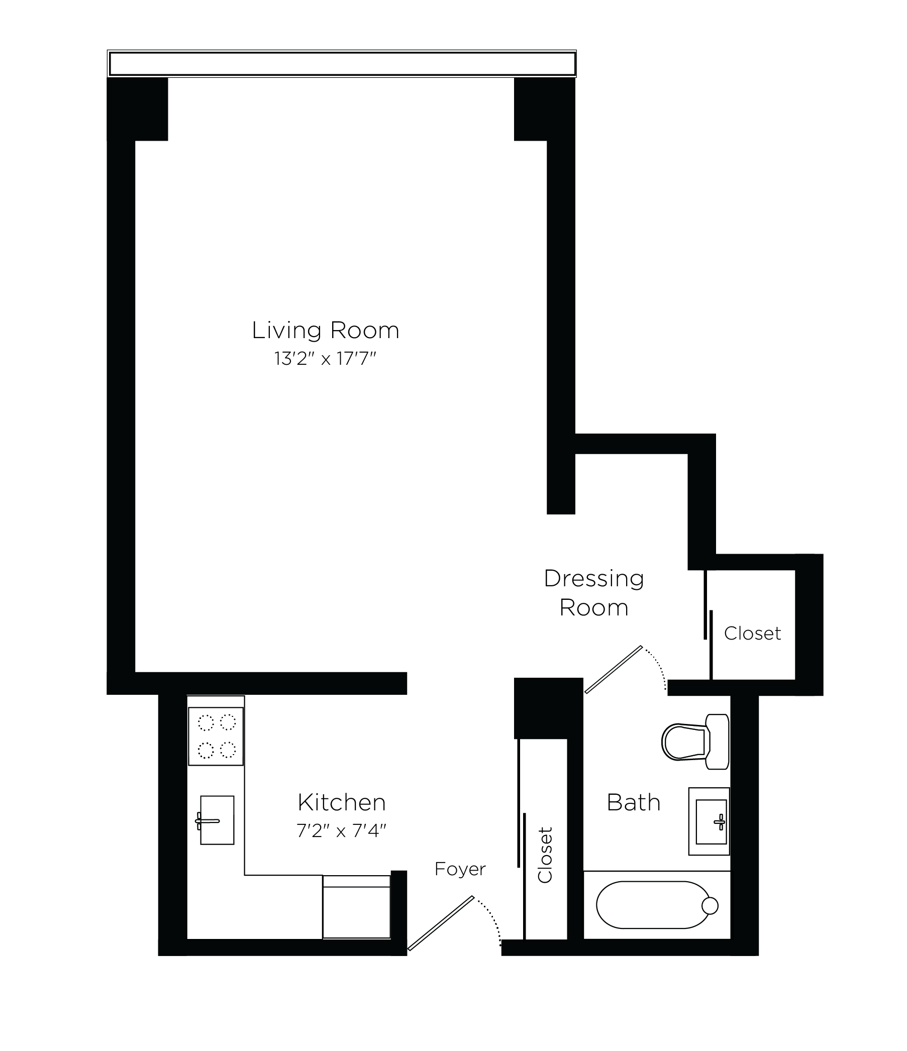 Floor plan for studio, 1 bath, 400 sqft
